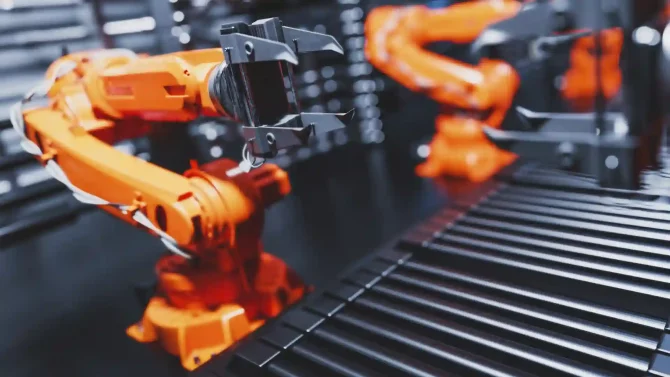 Render industrial brazo robotico linea de montaje y soldadura GrupoAudiovisual