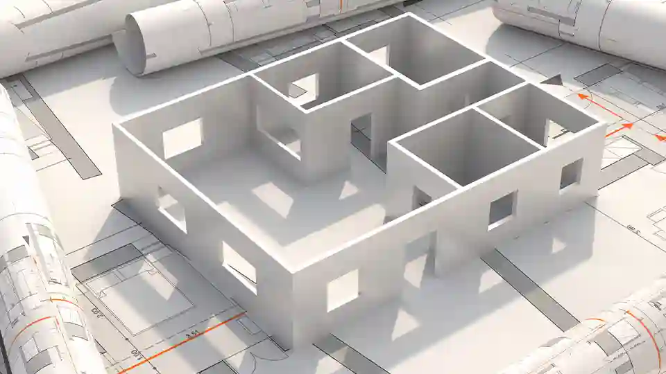 planos de edificios residenciales y modelo de casa render 3D esquemático