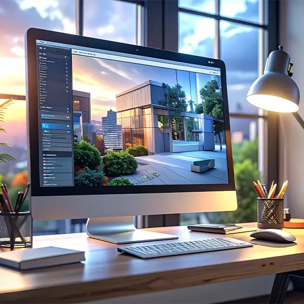 Render 3D hiperrealista de un escritorio con software de modelado 3D para aprendizaje