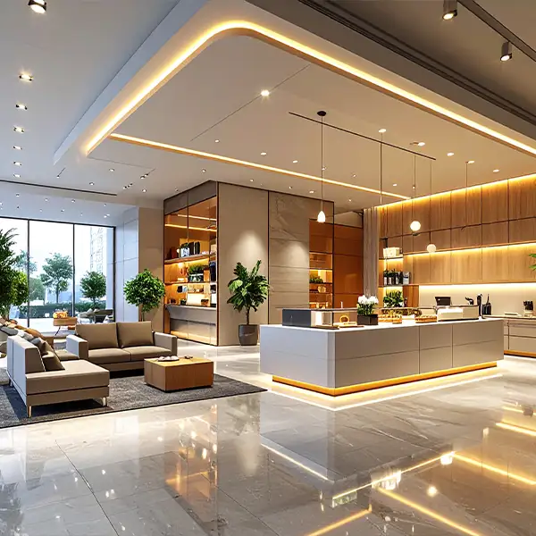 Render 3D hiperrealista de un espacio comercial para publicidad y marketing.